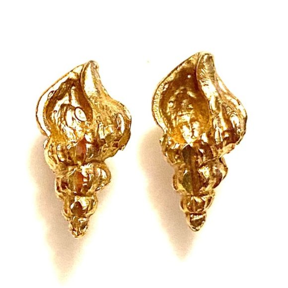 Vintage Gold Etruscan Sea Shell Seashell Conch Stud Earrings - Picture 1 of 2